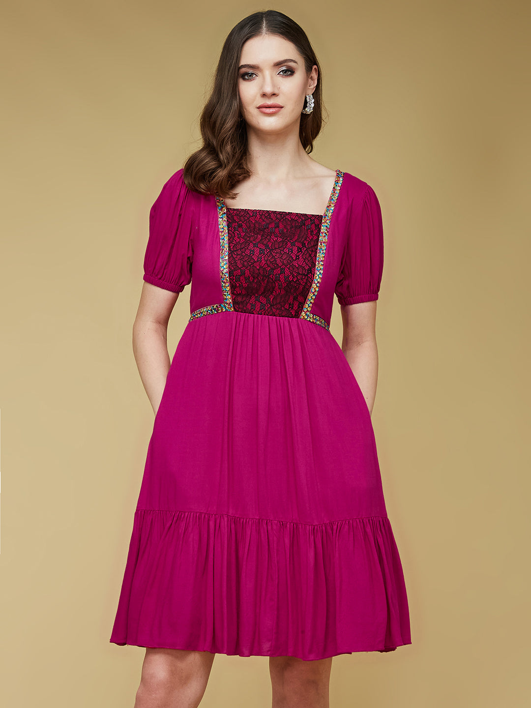 Women's Dark Pink Embroidered Lace Overlaid Square Puff Sleeve Viscose Rayon Knee-Length Dress