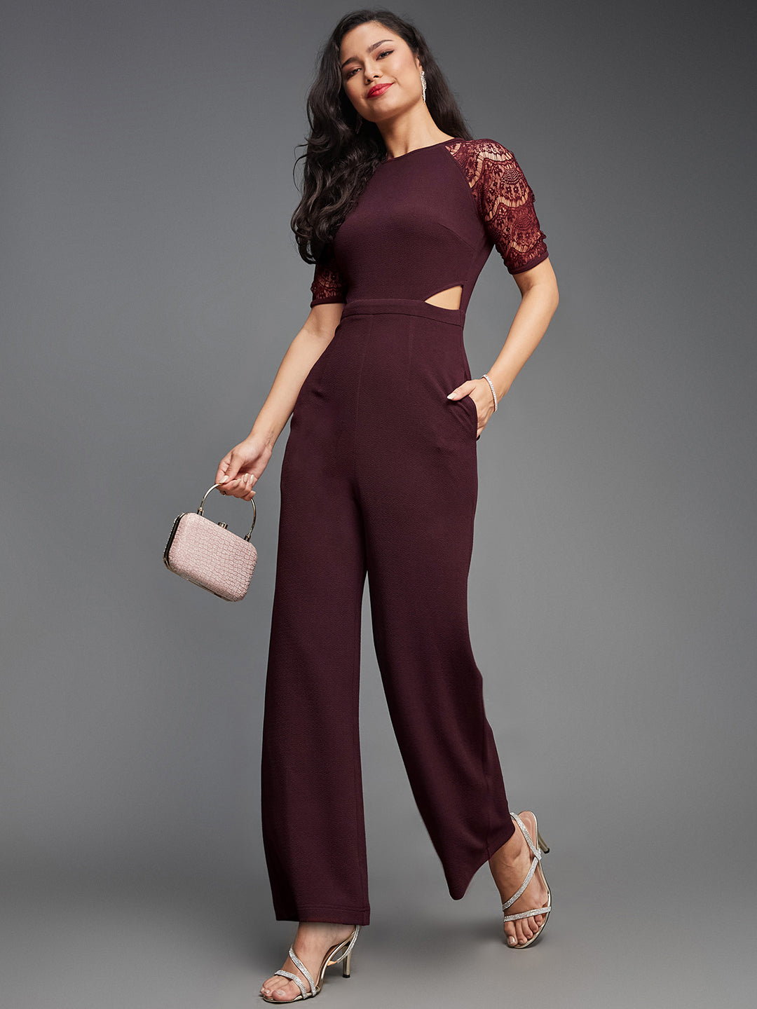 Crease Ease Women's Dark Purple Raglan Half Sleeve Solid Waist Cut-Out Regular Length Jumpsuit