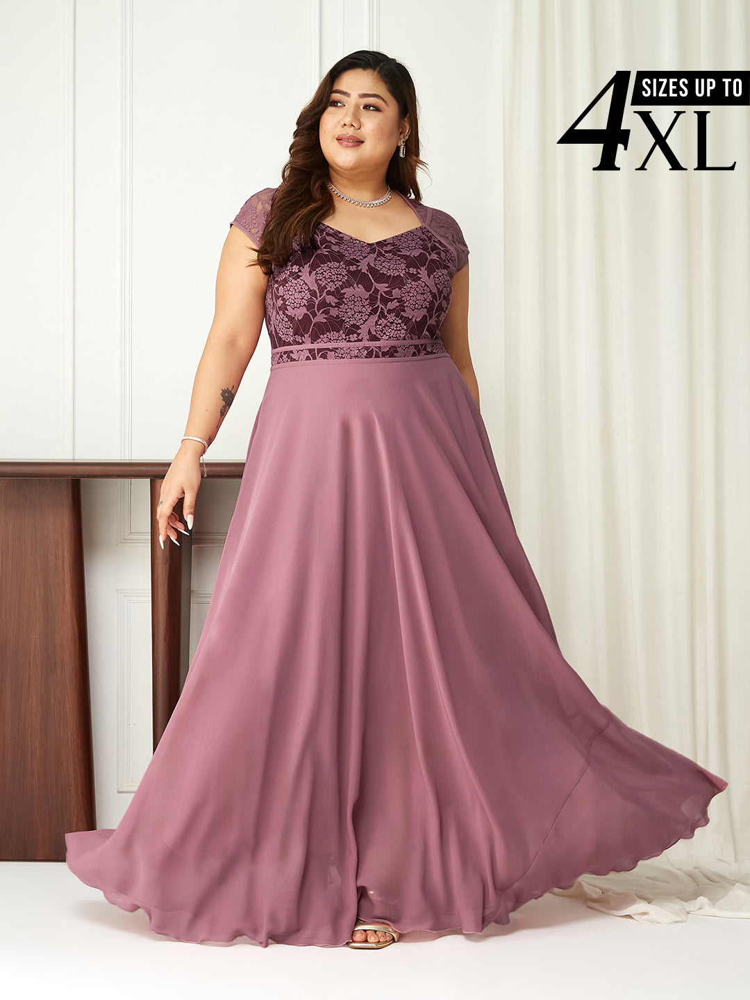 Lavendar Floral Cap Sleeves Fit and Flare Lace Maxi Dress for Women