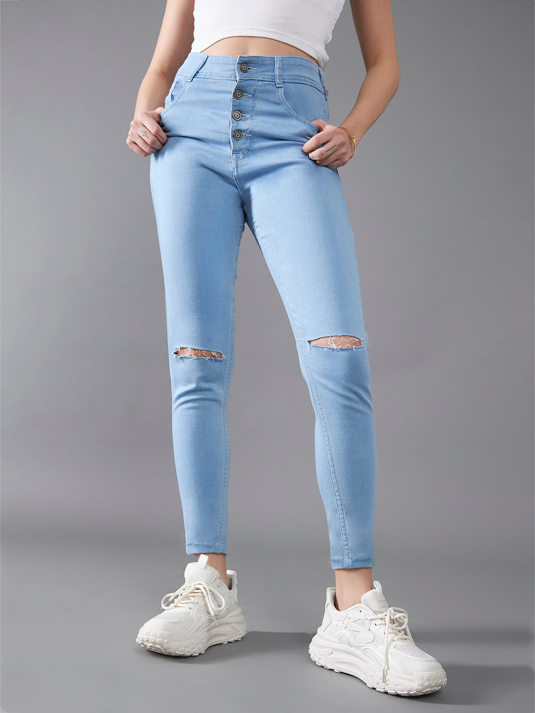 Women's Light Blue Skinny High-Rise Distressed Regular Denim Jeans