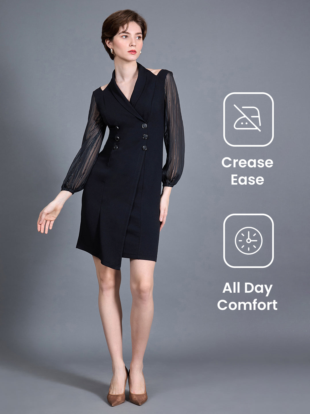 Women's Black Shawl Collar Bishop Sleeves Solid Double Breasted Knee Length Dress