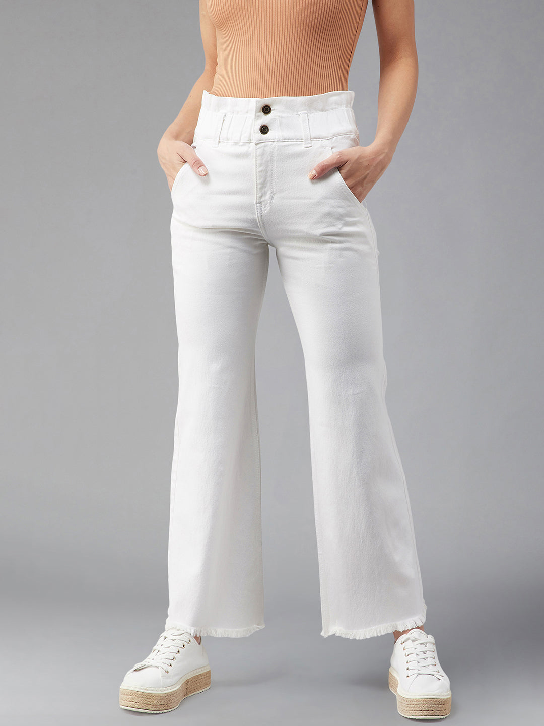 24/7 Comfort White Flared High Rise Ankle length Stretchable Denim Jeans