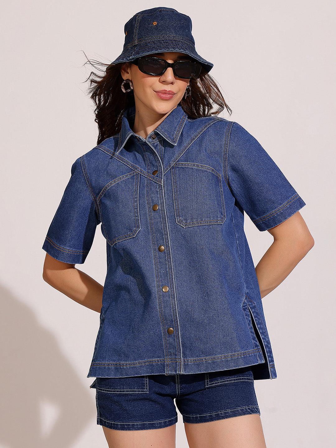 Women's Navy Blue Boxy Denim Shirt