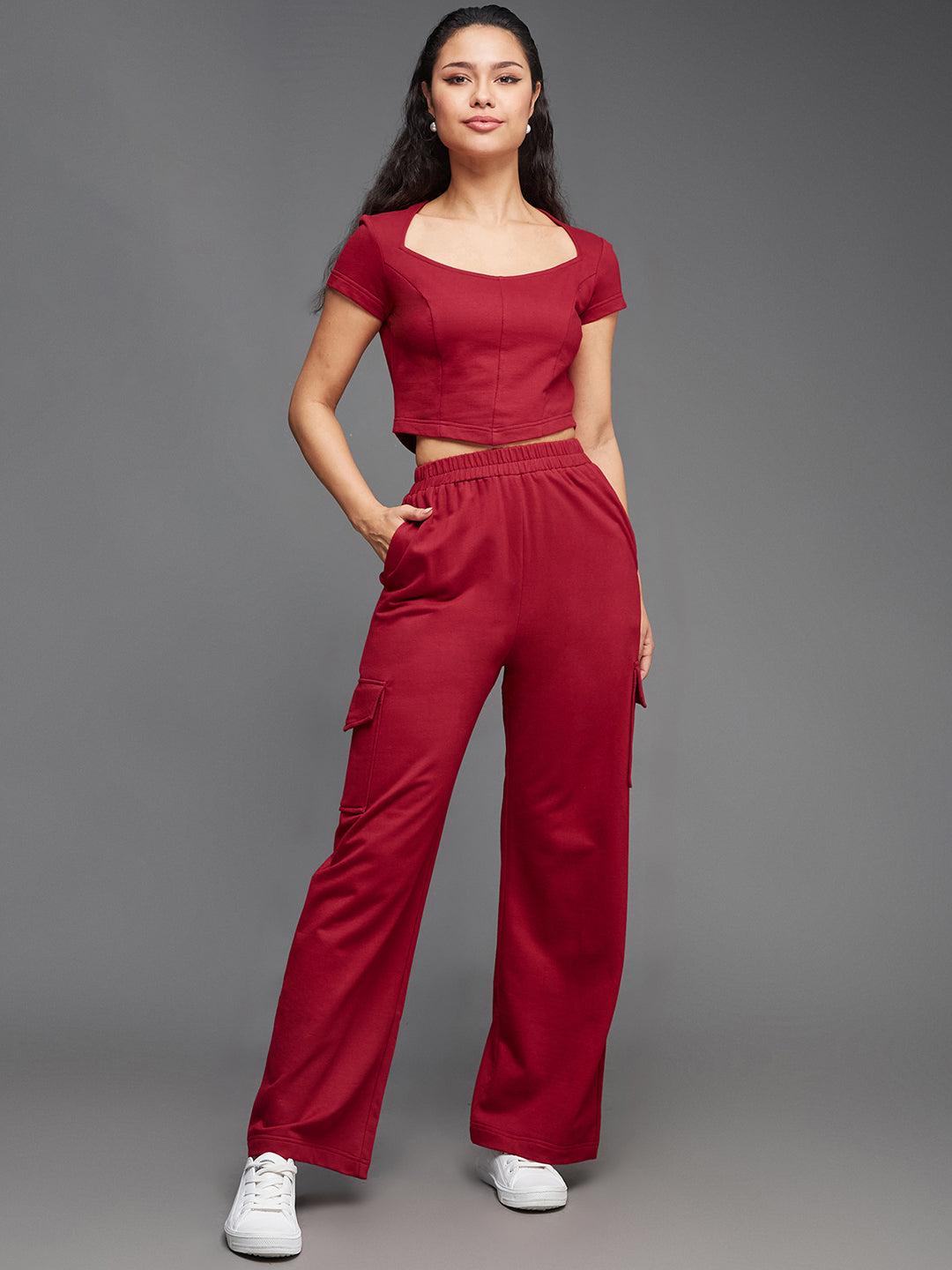 Women'S Maroon Wide-Neck Short Sleeve Solid Regular-Length Flap Pocketed Cotton Panelled Co-Ord Set