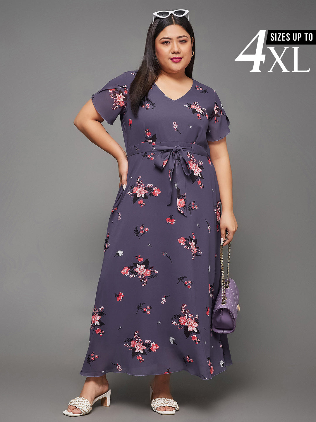 Body Bliss Multicolored Base Lavender Floral Pleated Midi Dress for Women