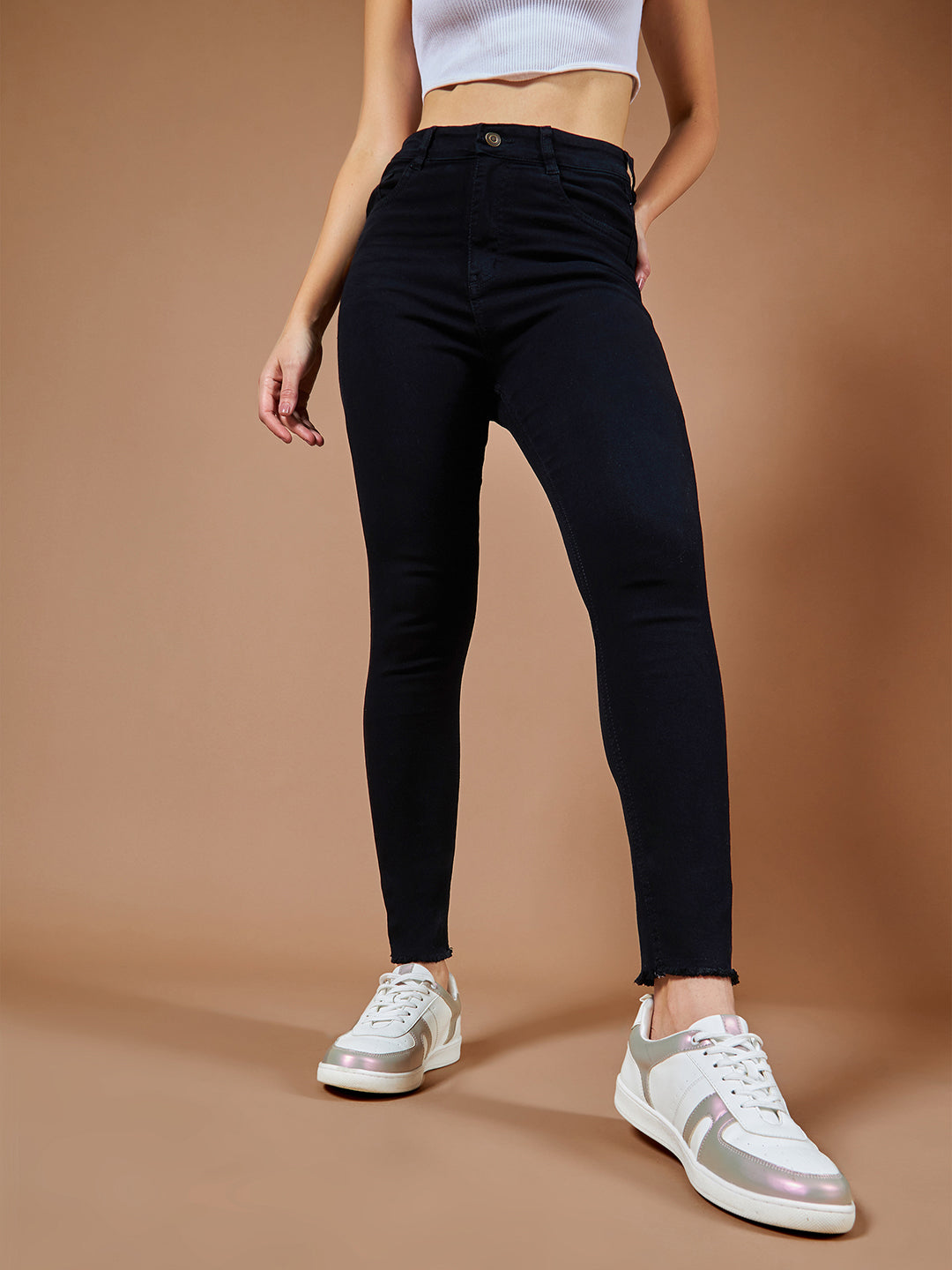 24/7 comfort Women's Black Skinny Fringed Detailing High Rise Clean Look Solid Cropped Stretchable Denim Jeans