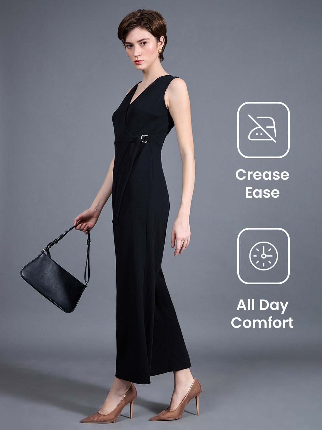 Black V-Neck Sleeveless Solid Wrap Regular-Length Polyester Jumpsuit for Women