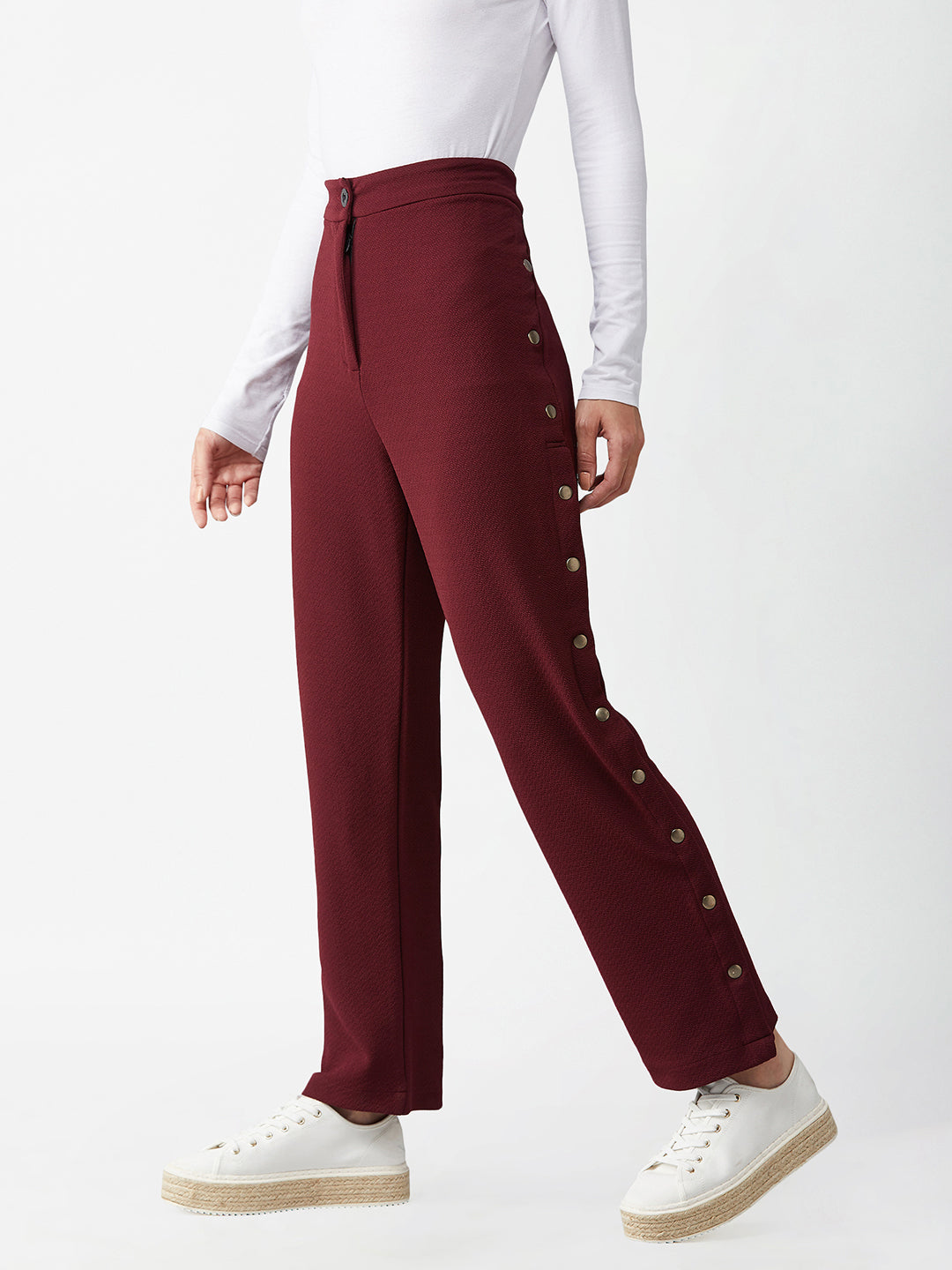 Crease Ease Women's Wine Red Solid Regular Fit Flared Parallel Trousers