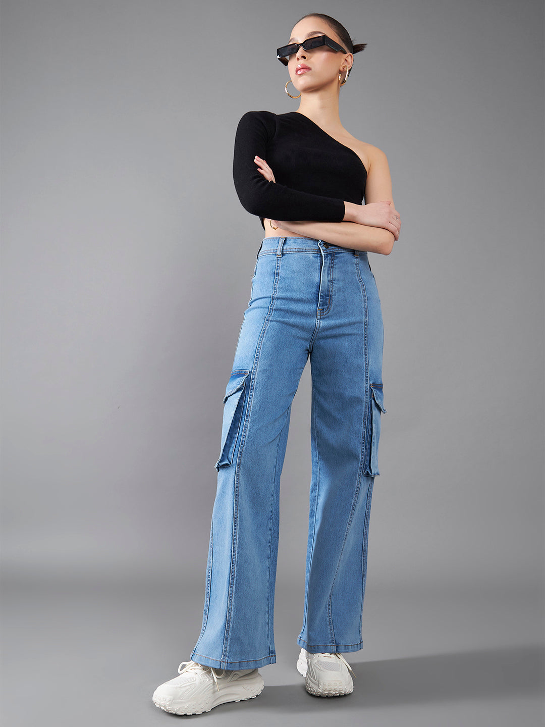 24/7 Comfort Women's Blue Wide-Leg High-Rise Regular Length Stretchable Patch Pocketed Cargo Denim Jeans