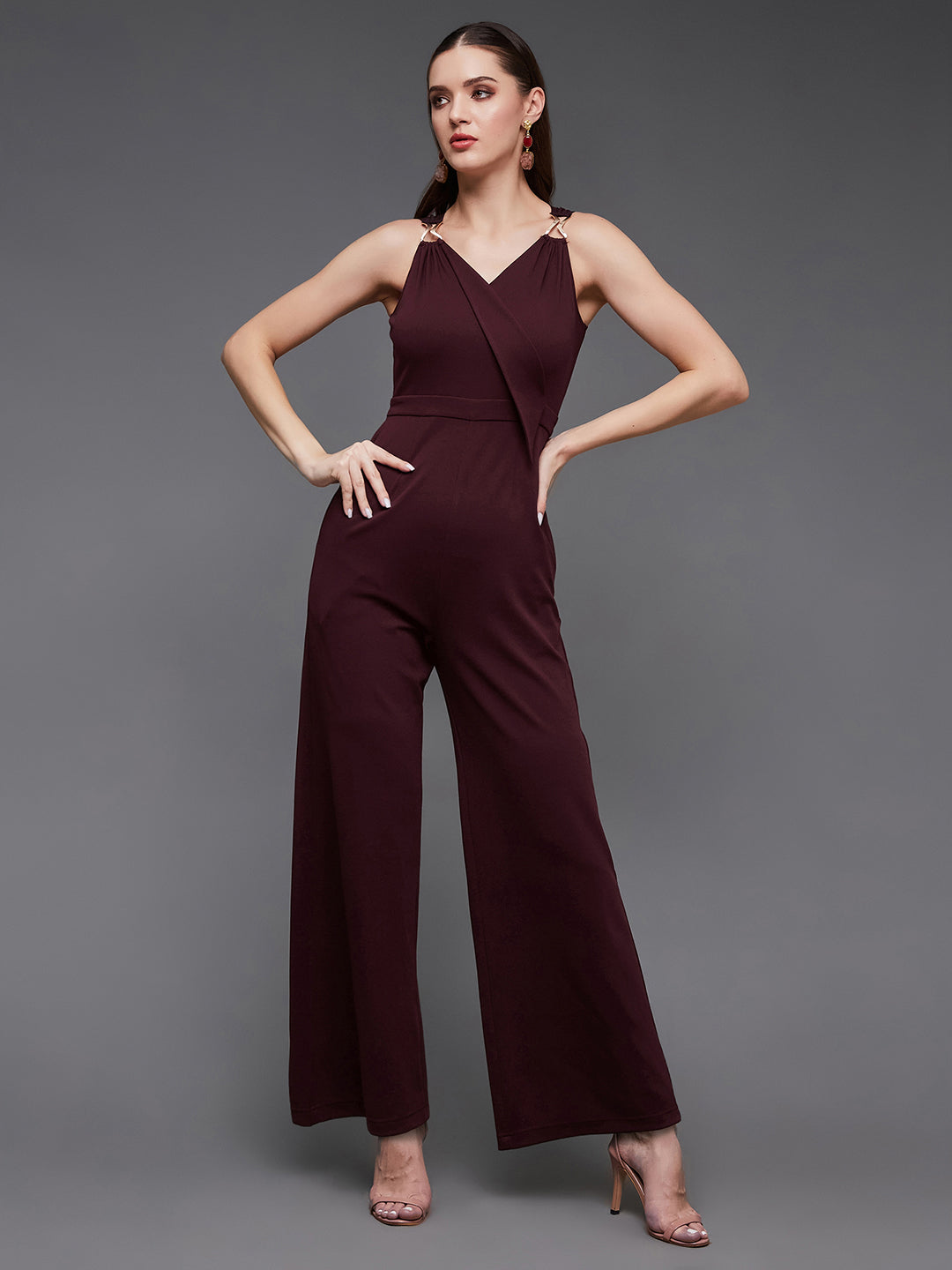 Crease Ease Women's Wine V-Neck Sleeveless Solid Wrap Regular Jumpsuit