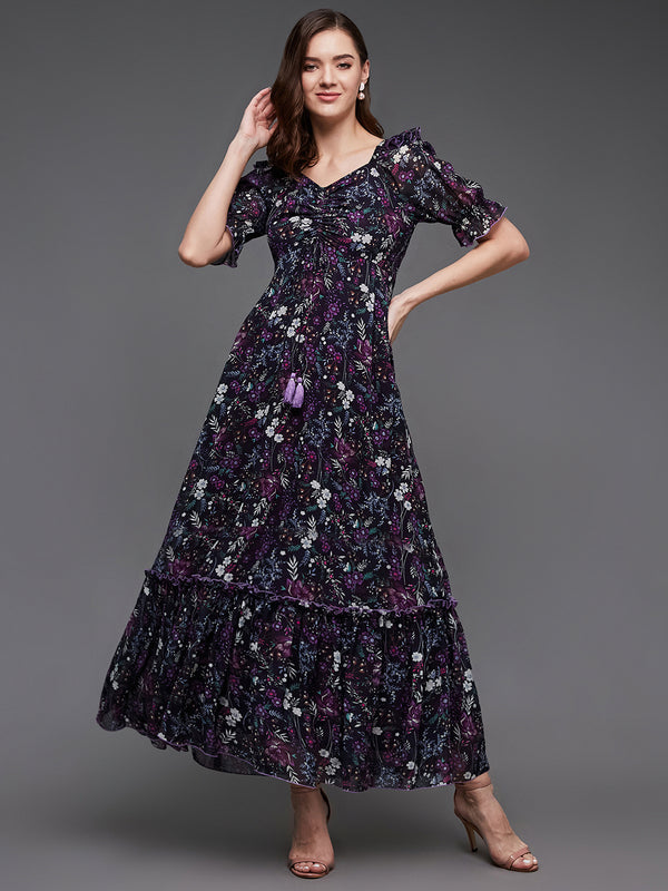Women's Multicolored-Base-Black Sweetheart-Neck Puffed Sleeve Floral Ruching Georgette Maxi Dress
