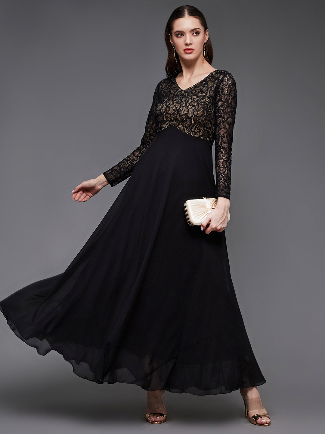 Women's Black V-Neck Full Sleeve Self Design Lace-Overlaid Georgette Maxi Dress