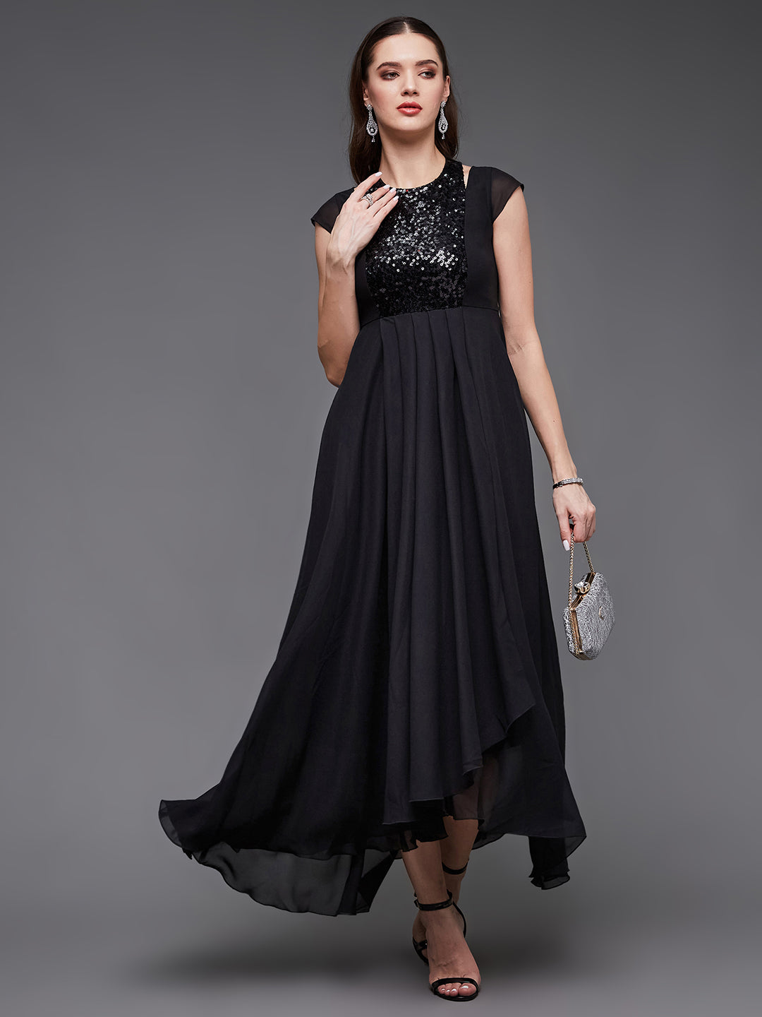 Women's Black Halter-Neck Cap-Sleeve Solid Pleated Embellished Georgette Maxi Dress