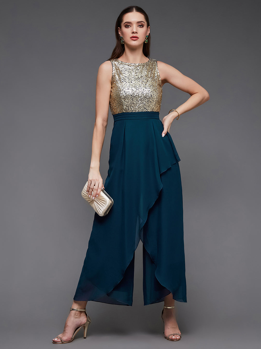 Women's Teal Sequined Relaxed Fit Round Neck Sleeveless Party Jumpsuit