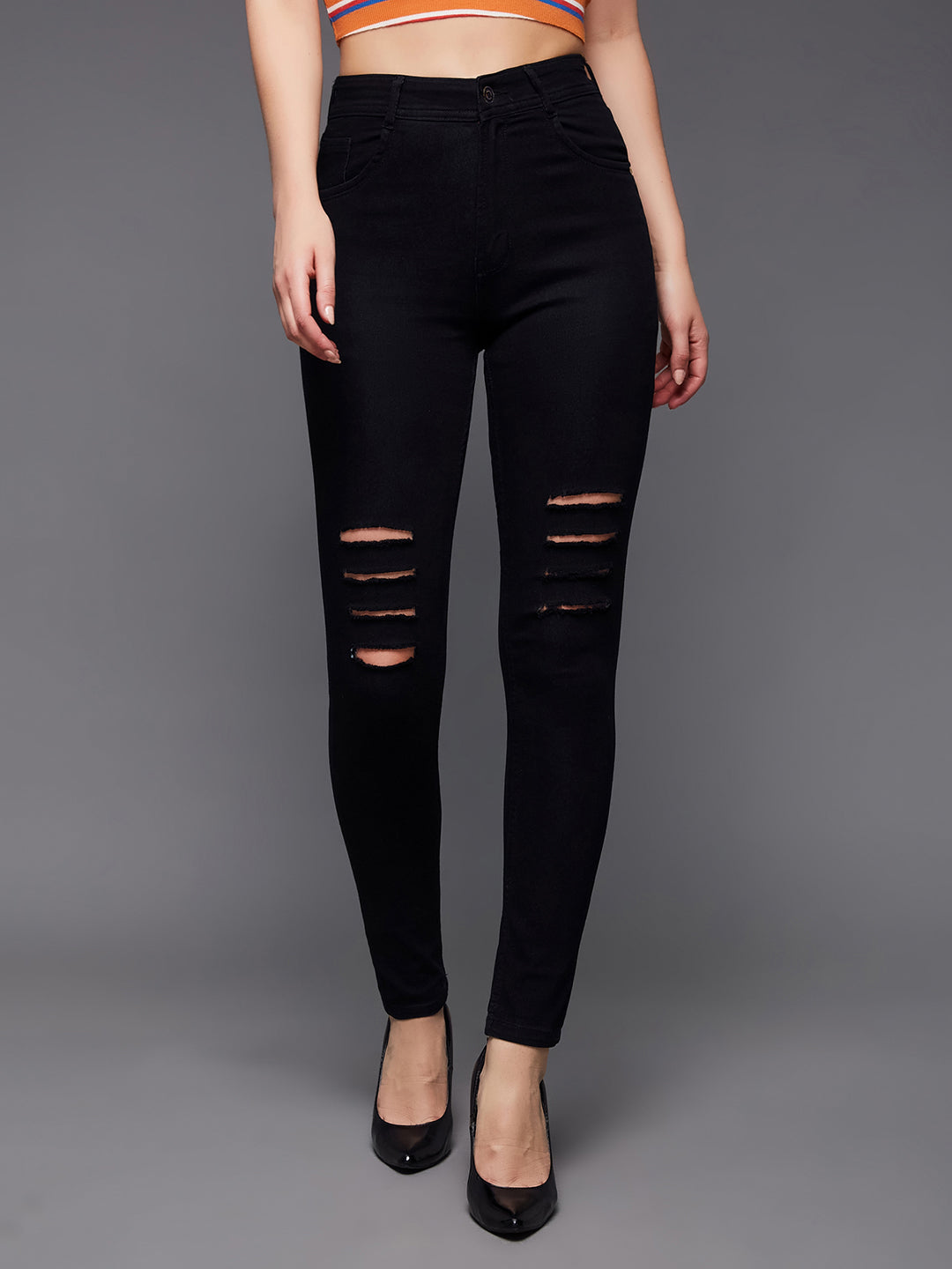 Women's Black Slim Fit High Rise Regular Length Mild Distressed Ripped Denim Stretchable Jeans