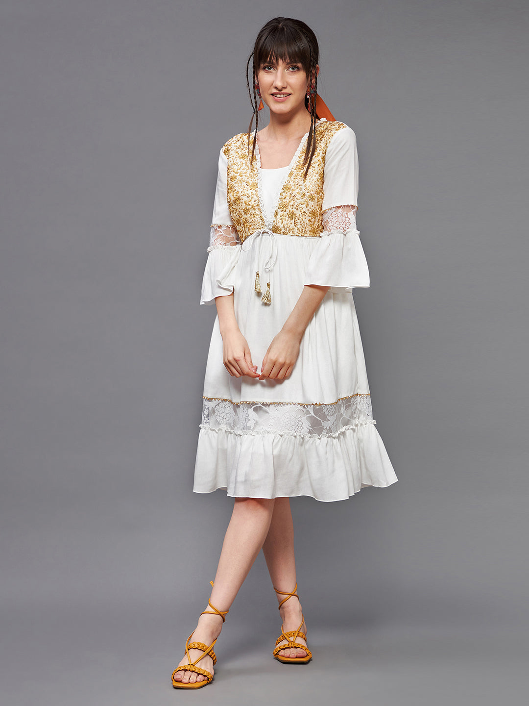 Women's Off-White Square Neck Ruffled Sleeve Viscose Rayon Embroidered Jacket Paneled Midi Dress