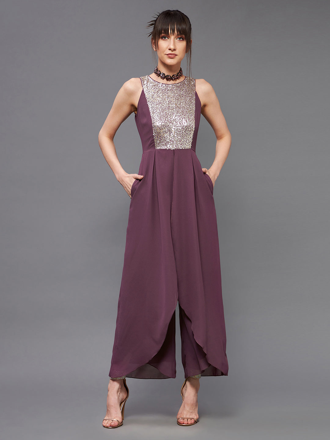 Women's Mauve Halter Sleeveless Sequined Pleated Layered Party Jumpsuit