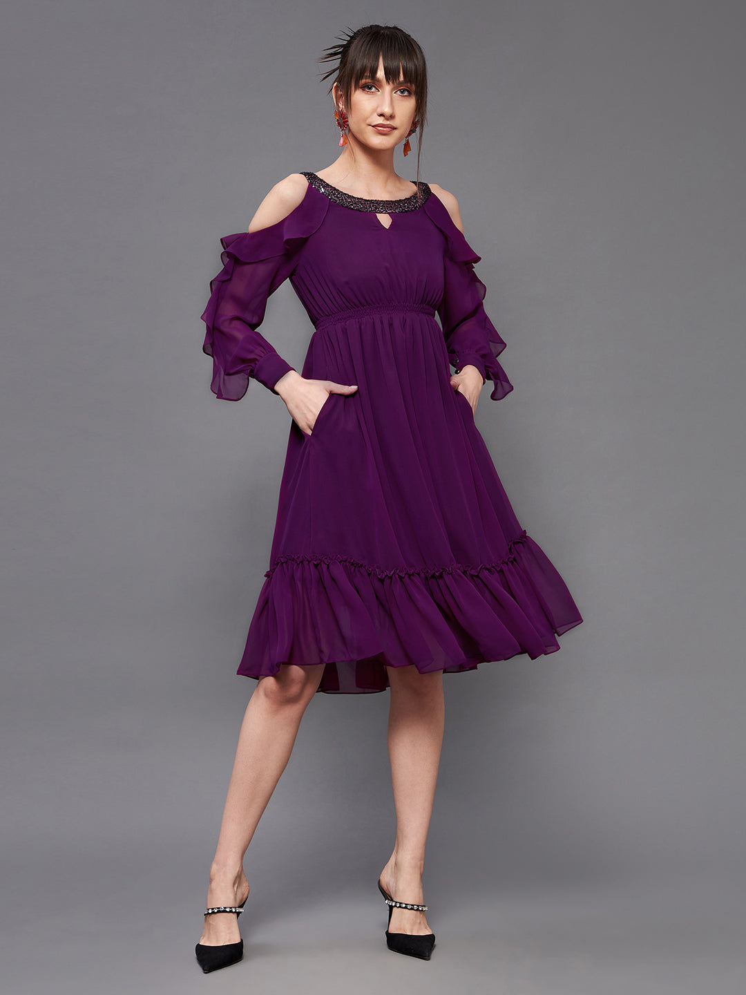 Women's Dark Purple Solid Round Neck Full Sleeves Polyester Ruffled Knee Length Dress