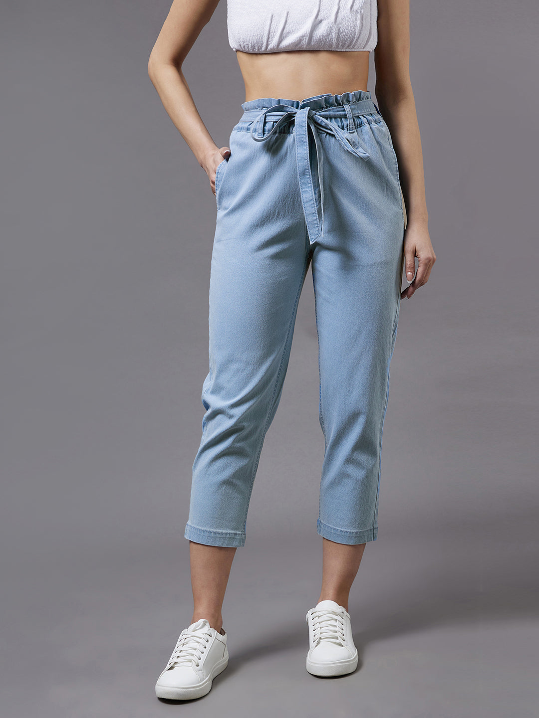 Women's Light Blue Paperbag High Rise Clean Look Regular Stretchable Denim Jeans