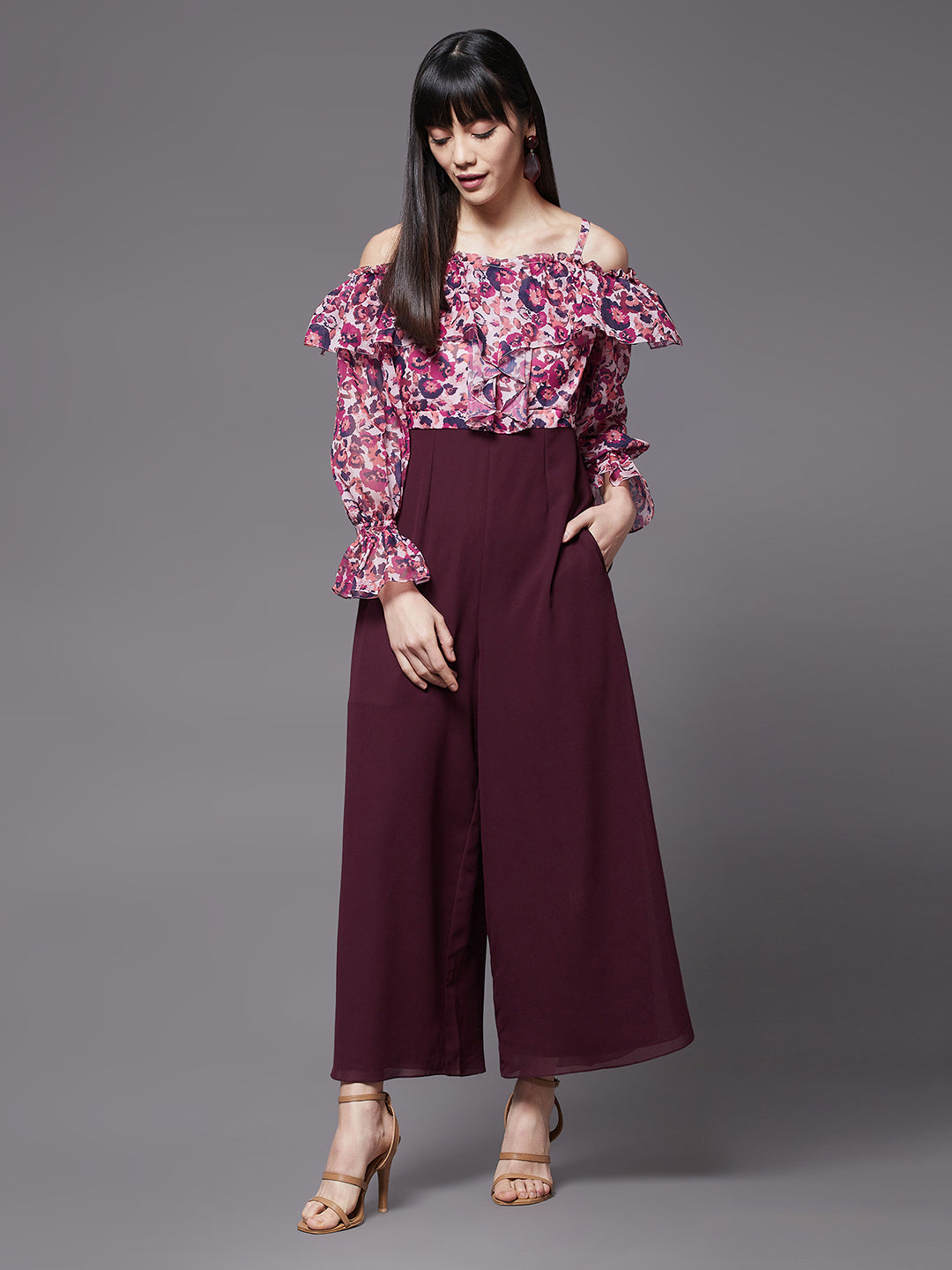 Women's Multicolored-Base-Wine Off-Shoulder Ruffled Sleeve Floral Print Frilled Regular Jumpsuit