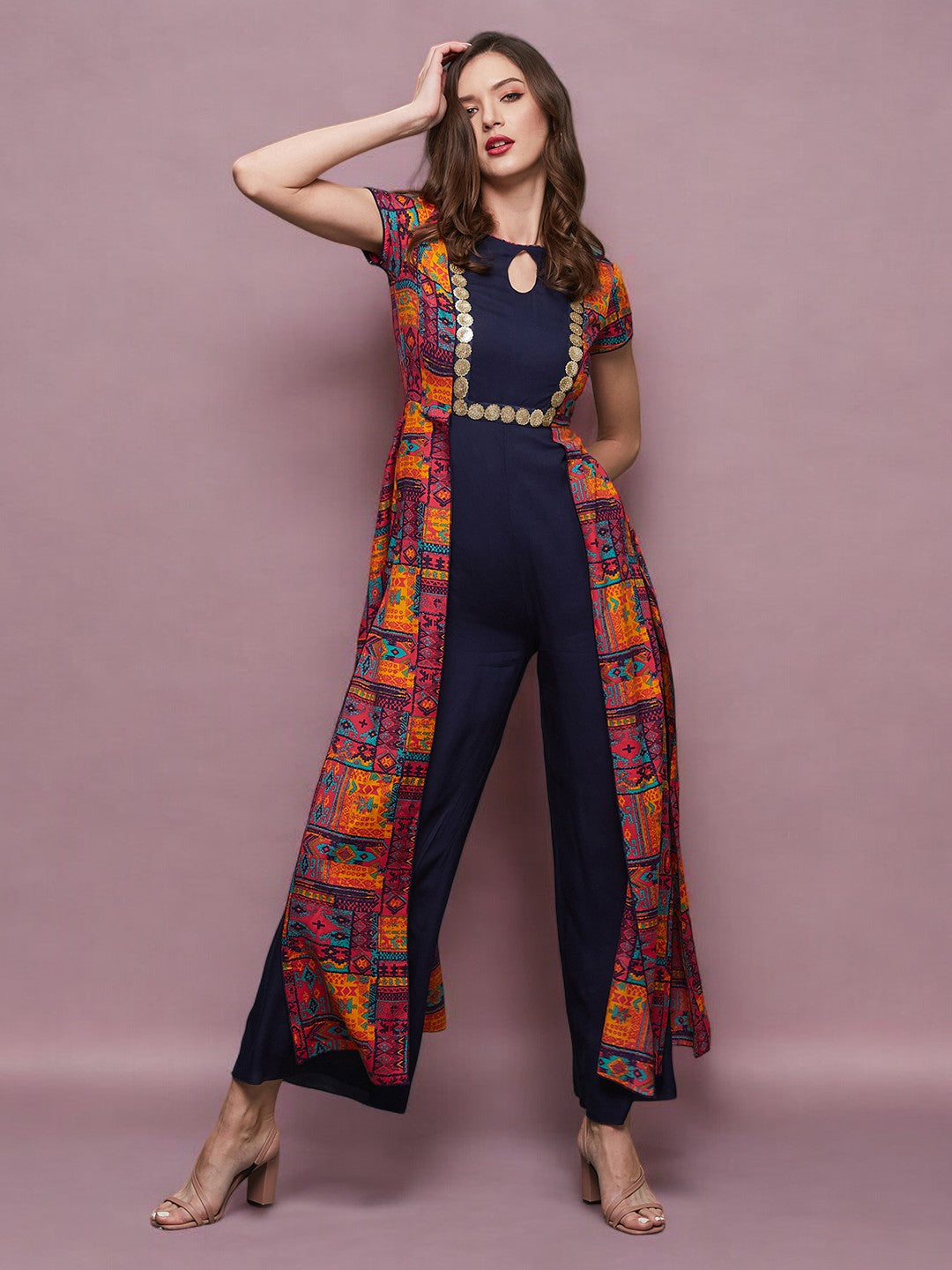 Women's Multicolor Navy Blue Keyhole Neck Bohemian Paneled Jumpsuit