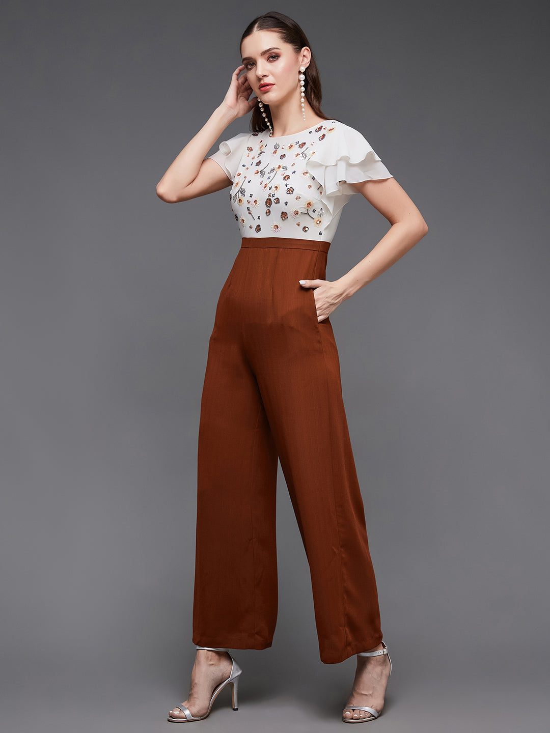 Women's Off White & Rust Round Neck Extended Sleeve Embellished Regular Jumpsuit