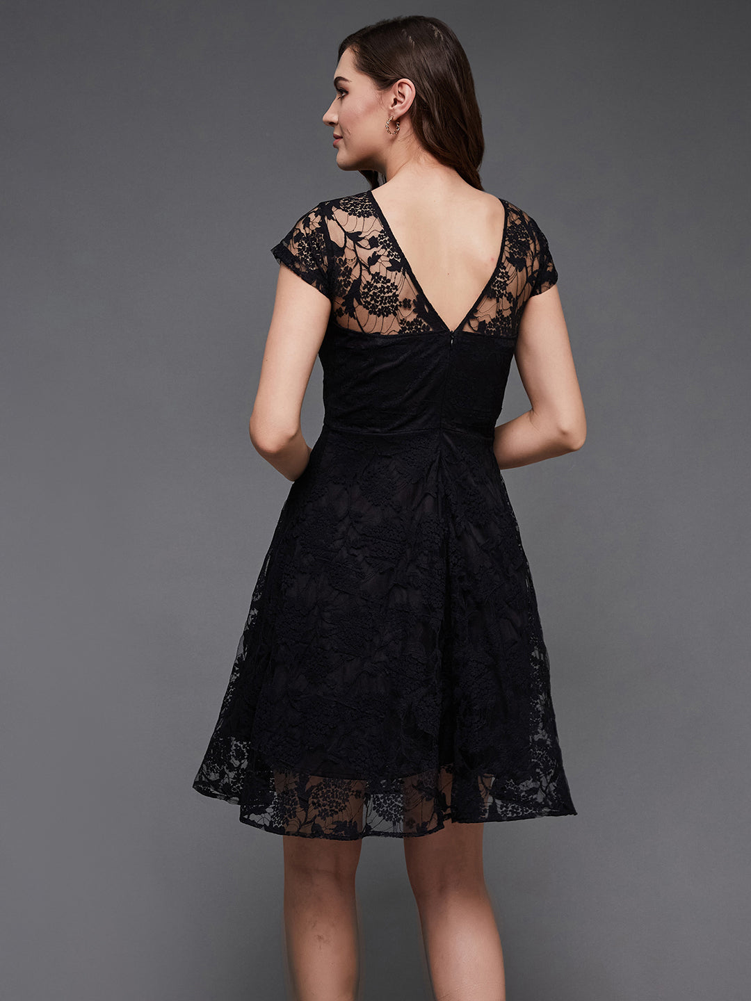 Women's Black Round Neck Cap Sleeves Low Back Lace Skater Dress