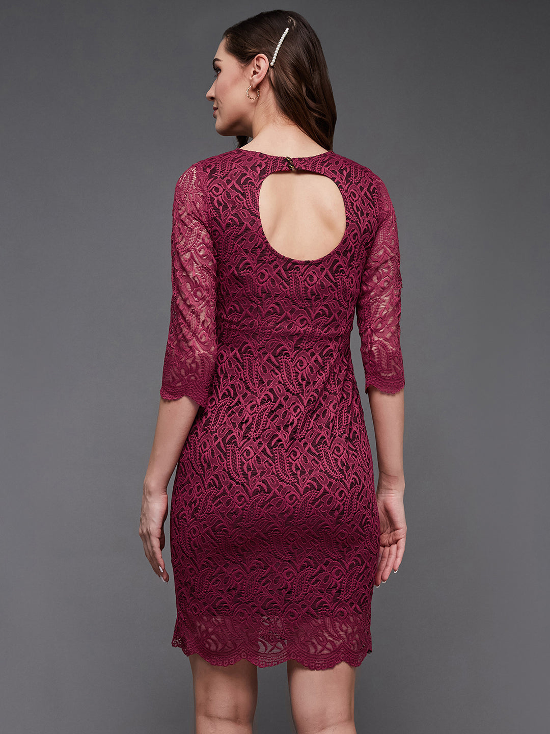 Women's Maroon Round neck 3/4th Sleeve Self Design Lace Overlaid Knee-Long Dress