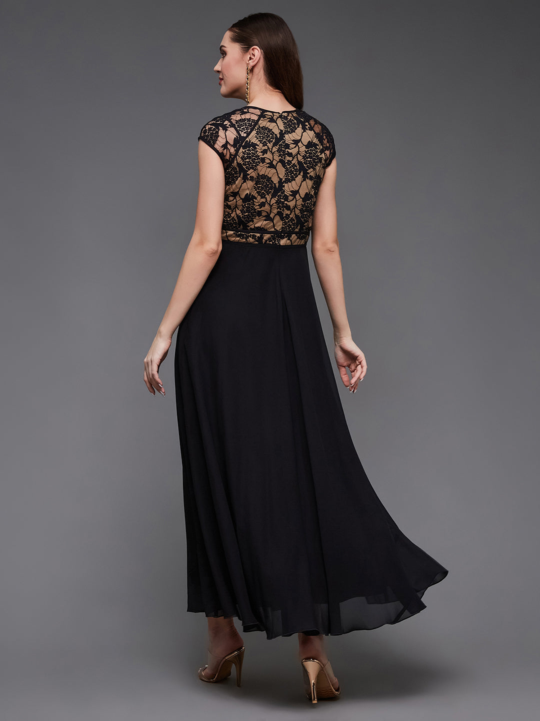 Women's Black Floral V - Neck Cap Short Sleeves Lace Overlaid Fit & Flare Paneled Maxi Dress