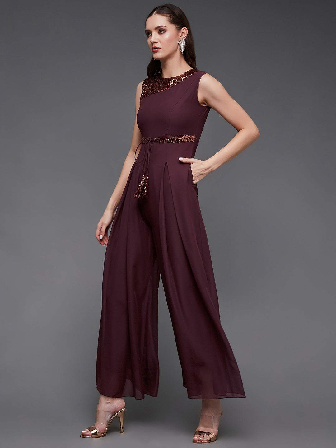 Women's Wine Sequined Relaxed Fit Sleeveless Round Neck Straight Party Jumpsuit