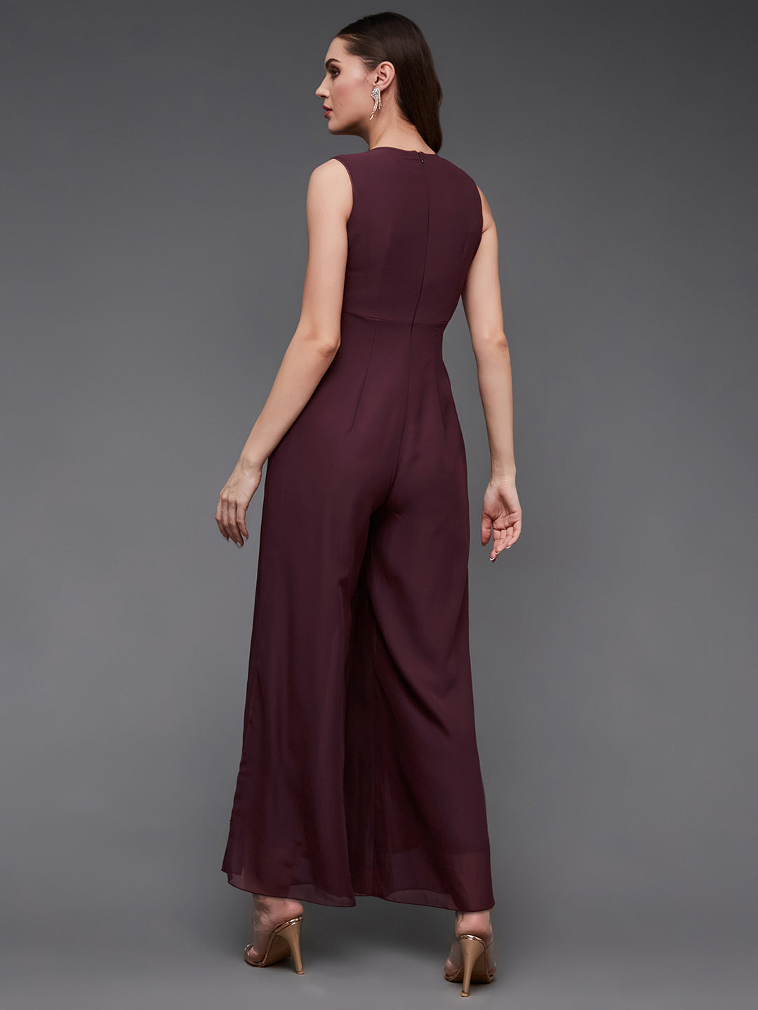 Women's Wine Sequined Relaxed Fit Sleeveless Round Neck Straight Party Jumpsuit