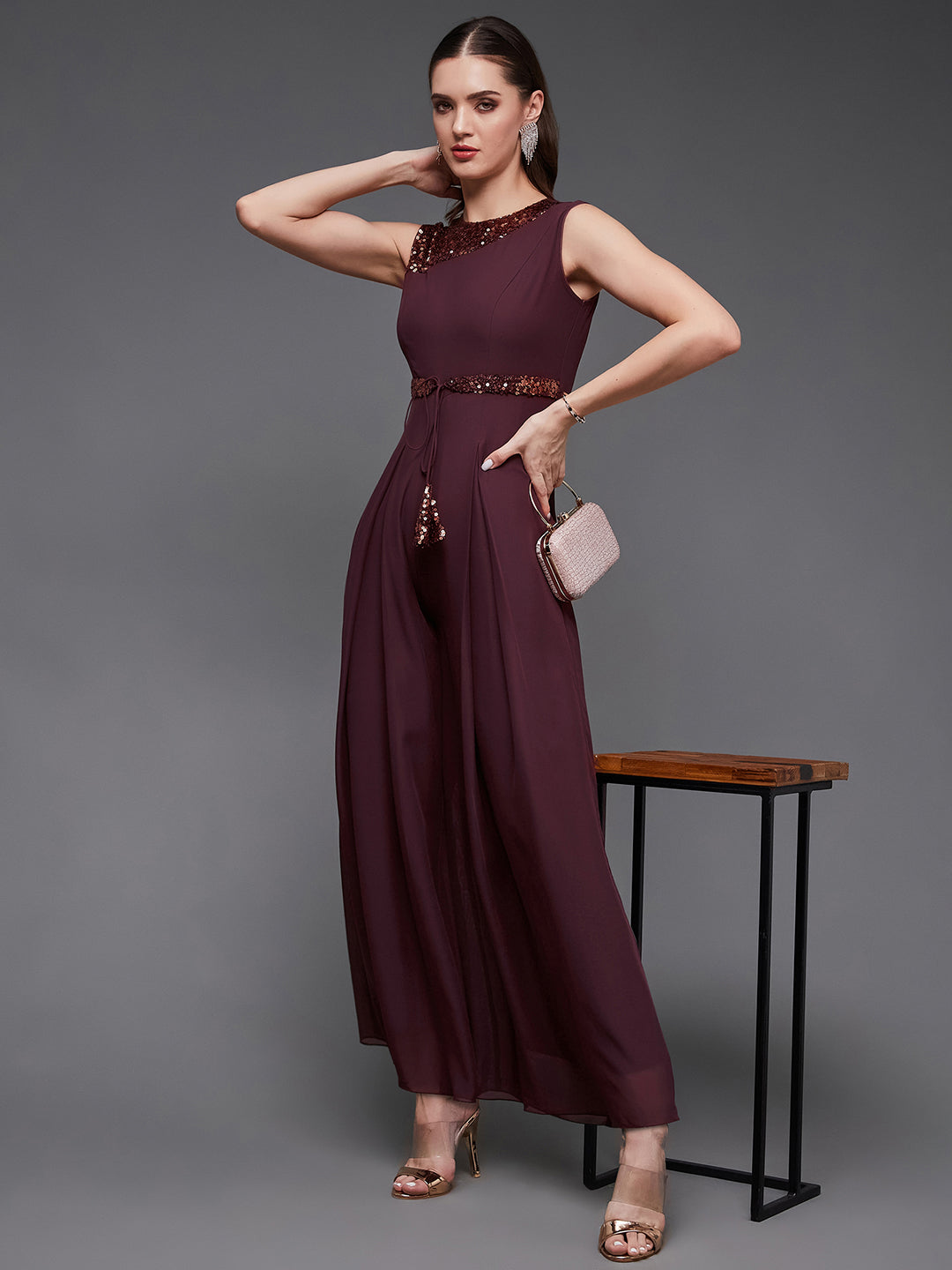 Women's Wine Sequined Relaxed Fit Sleeveless Round Neck Straight Party Jumpsuit