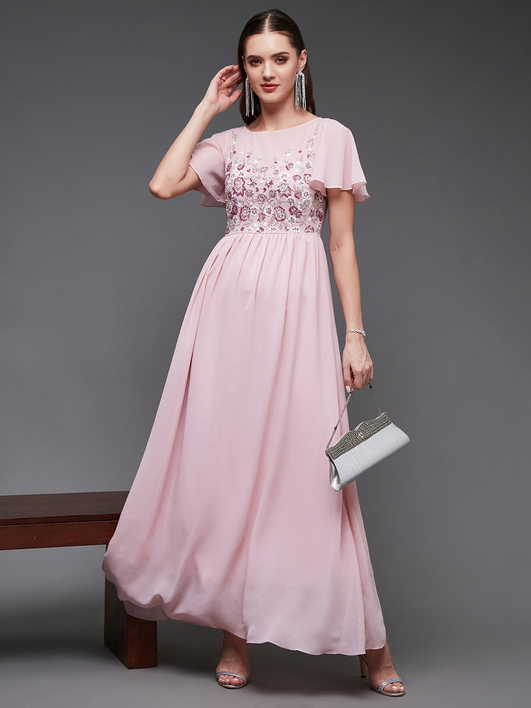 Women's Blush Pink Embellished Gathered Maxi Dress