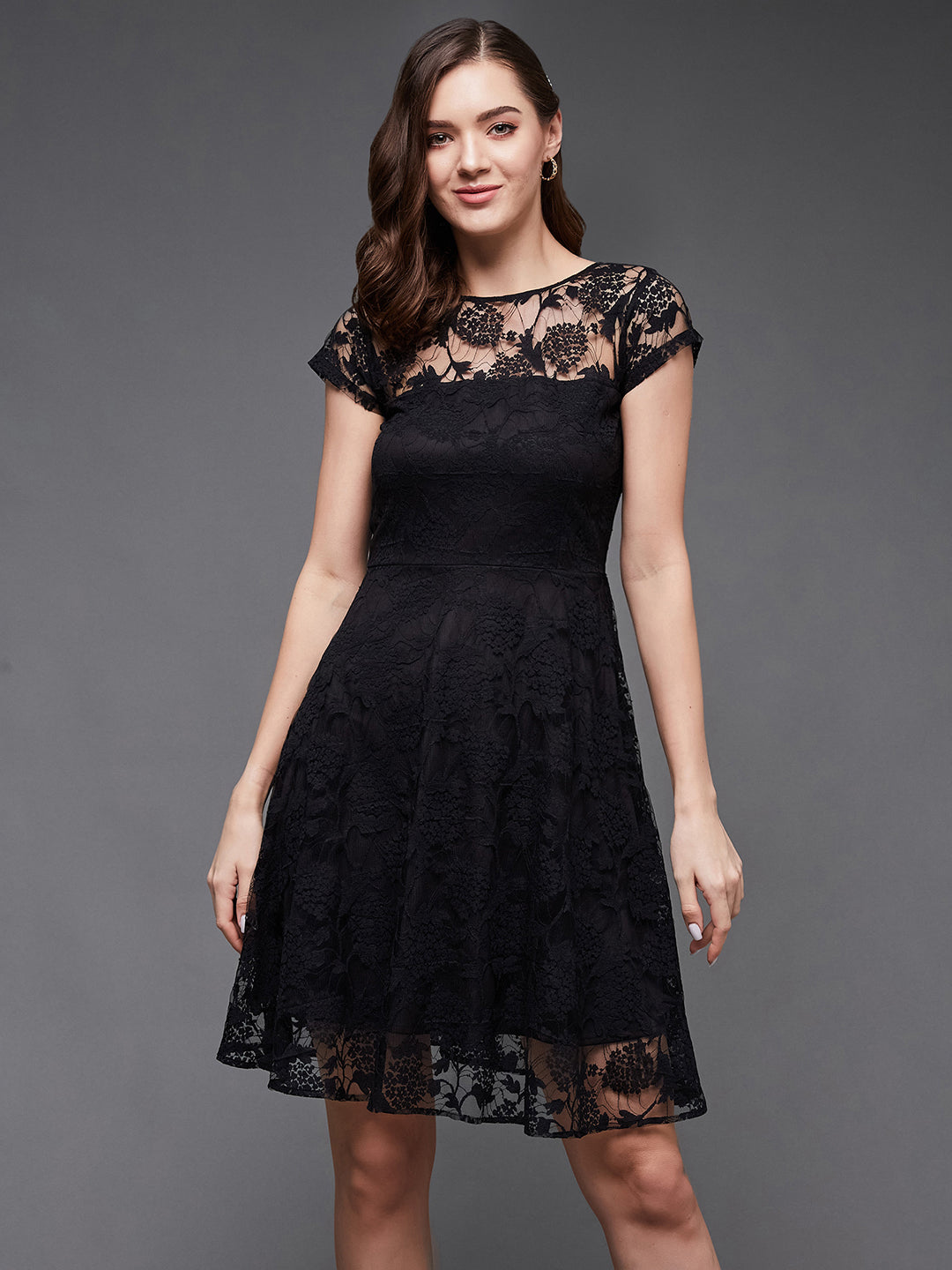 Women's Black Round Neck Cap Sleeves Low Back Lace Skater Dress