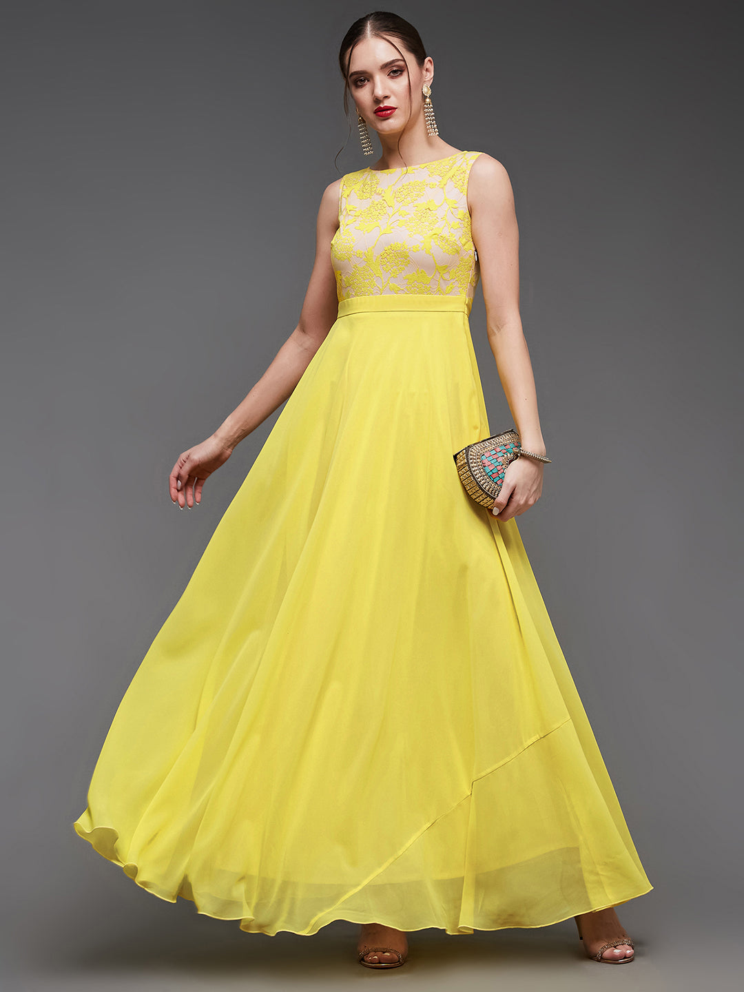 Women's Light Yellow Round Neck Sleeveless Georgette & Lace Floral Fit & Flare Maxi Dress