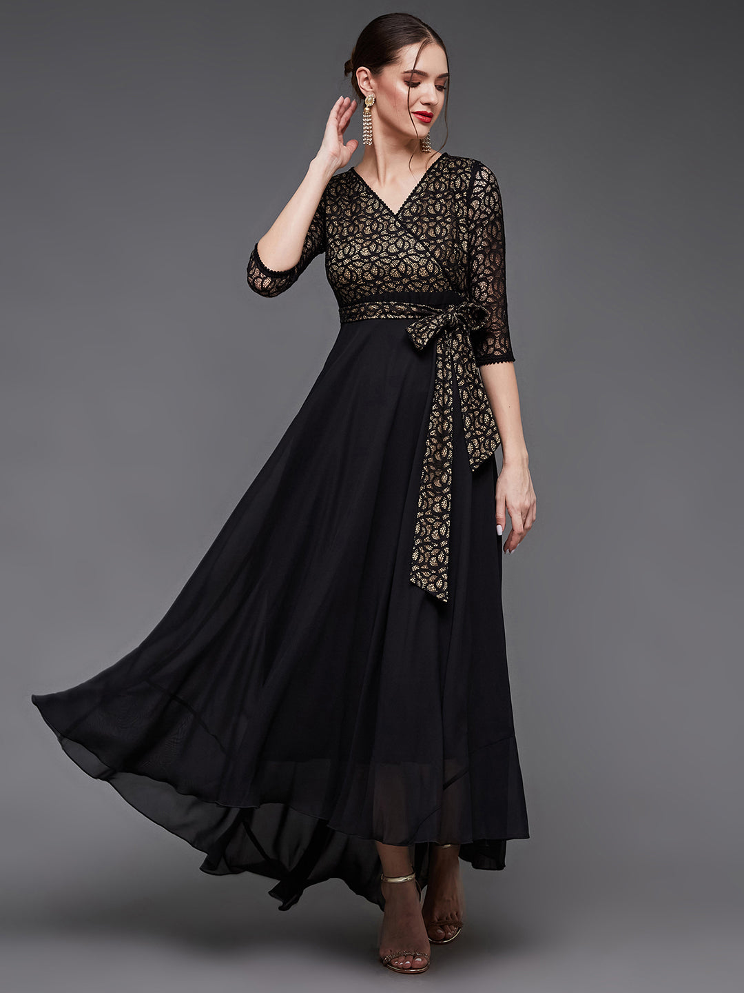 Women's Black Self-Designed Relaxed Fit V-Neck 3/4th Sleeve Georgette And Lace Maxi Dress