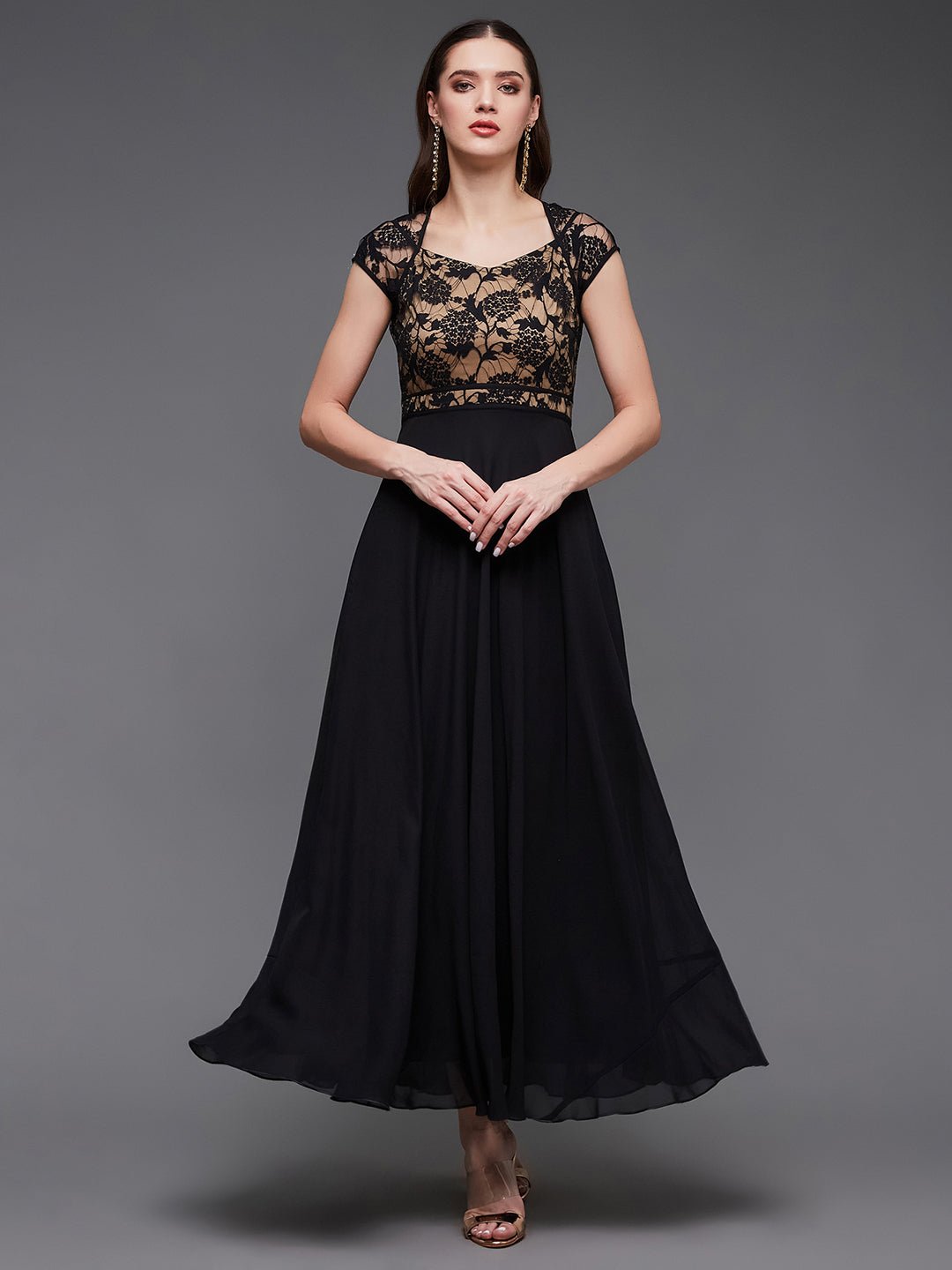 Women's Black Floral V - Neck Cap Short Sleeves Lace Overlaid Fit & Flare Paneled Maxi Dress