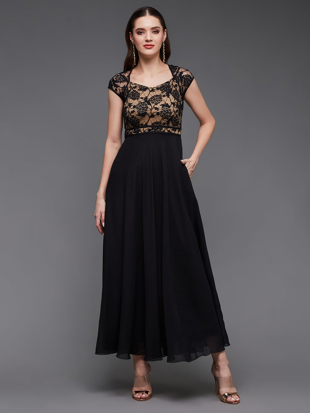 Women's Black Floral V - Neck Cap Short Sleeves Lace Overlaid Fit & Flare Paneled Maxi Dress