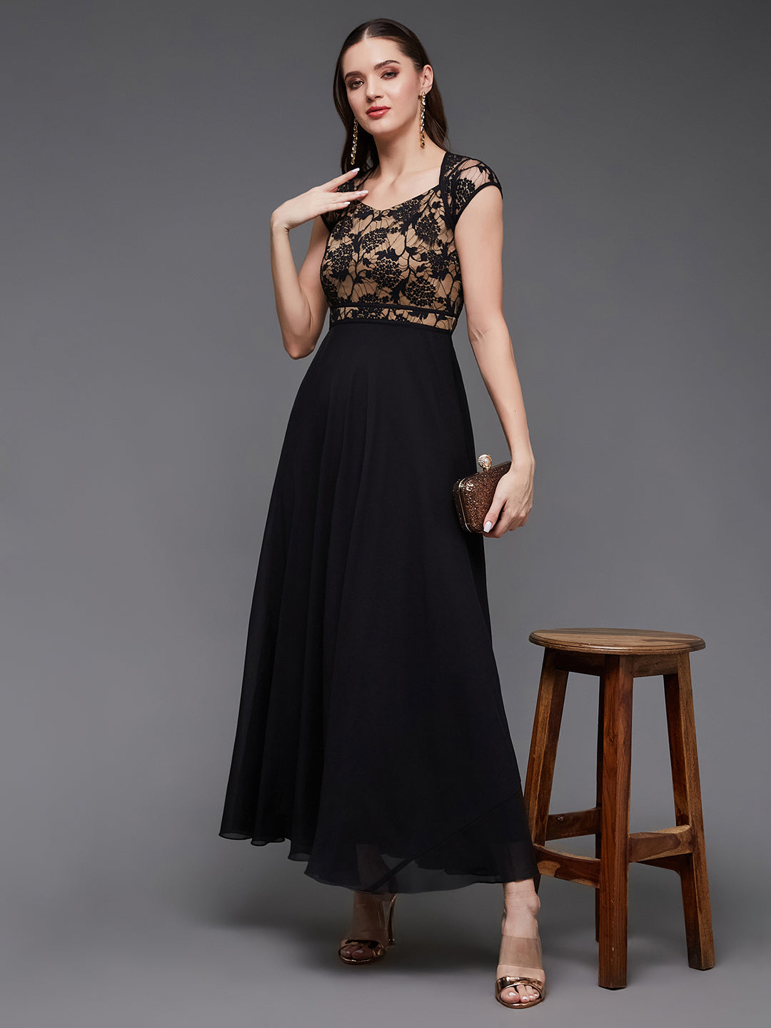 Women's Black Floral V - Neck Cap Short Sleeves Lace Overlaid Fit & Flare Paneled Maxi Dress