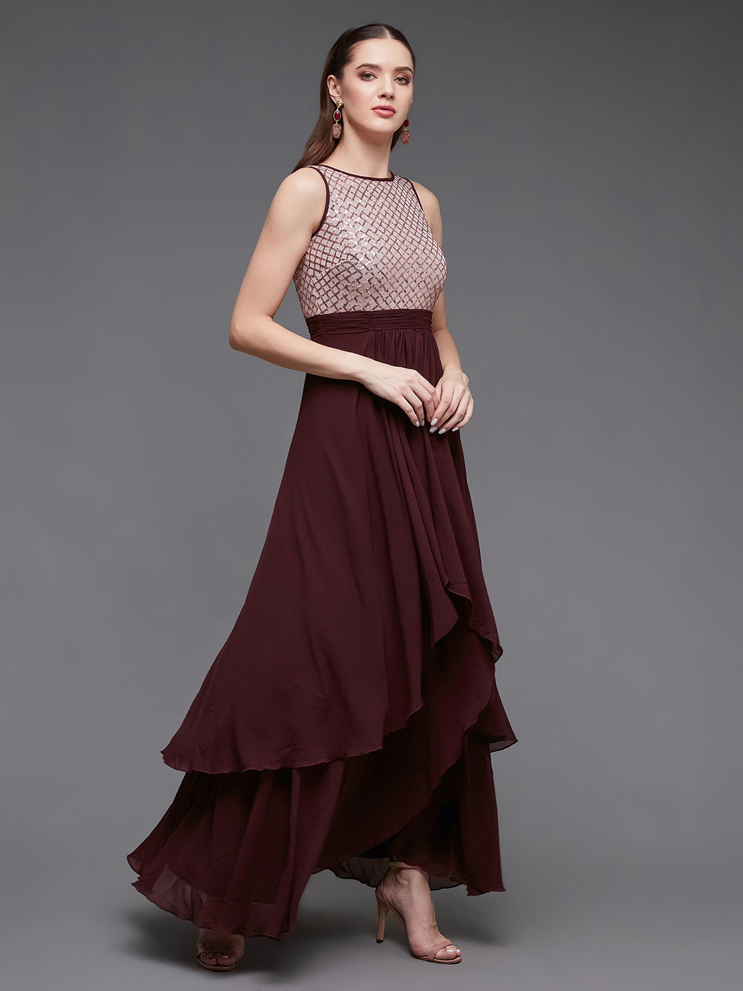 Women's Wine & Peach Boat Neck Sleeveless Embellished Maxi Dress