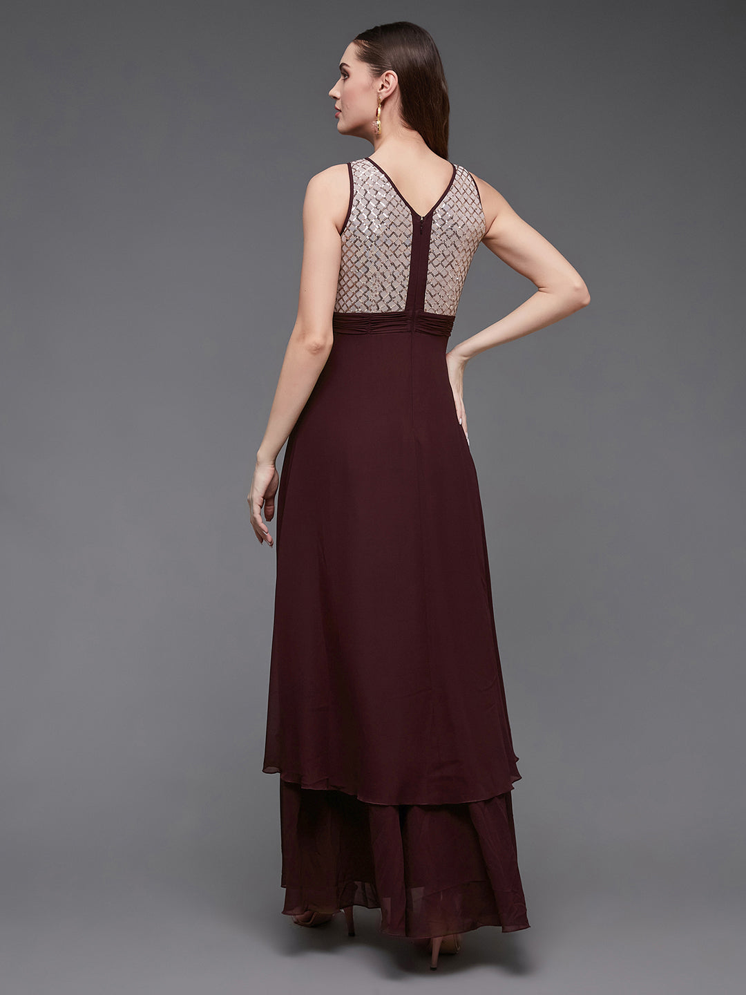 Women's Wine & Peach Boat Neck Sleeveless Embellished Maxi Dress