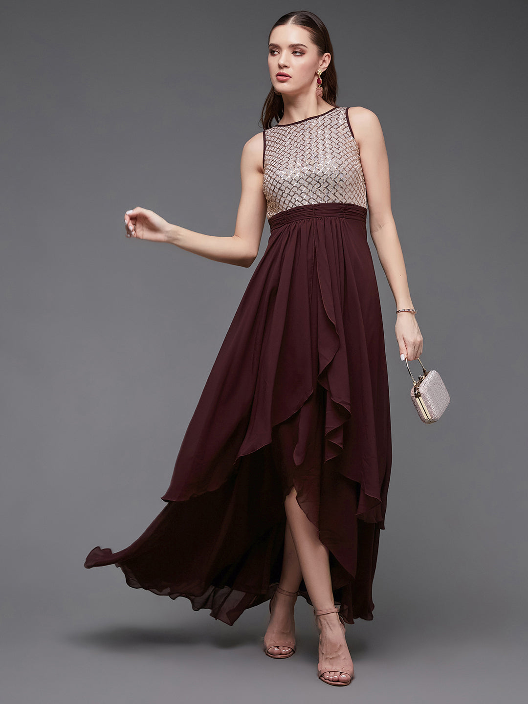 Women's Wine & Peach Boat Neck Sleeveless Embellished Maxi Dress