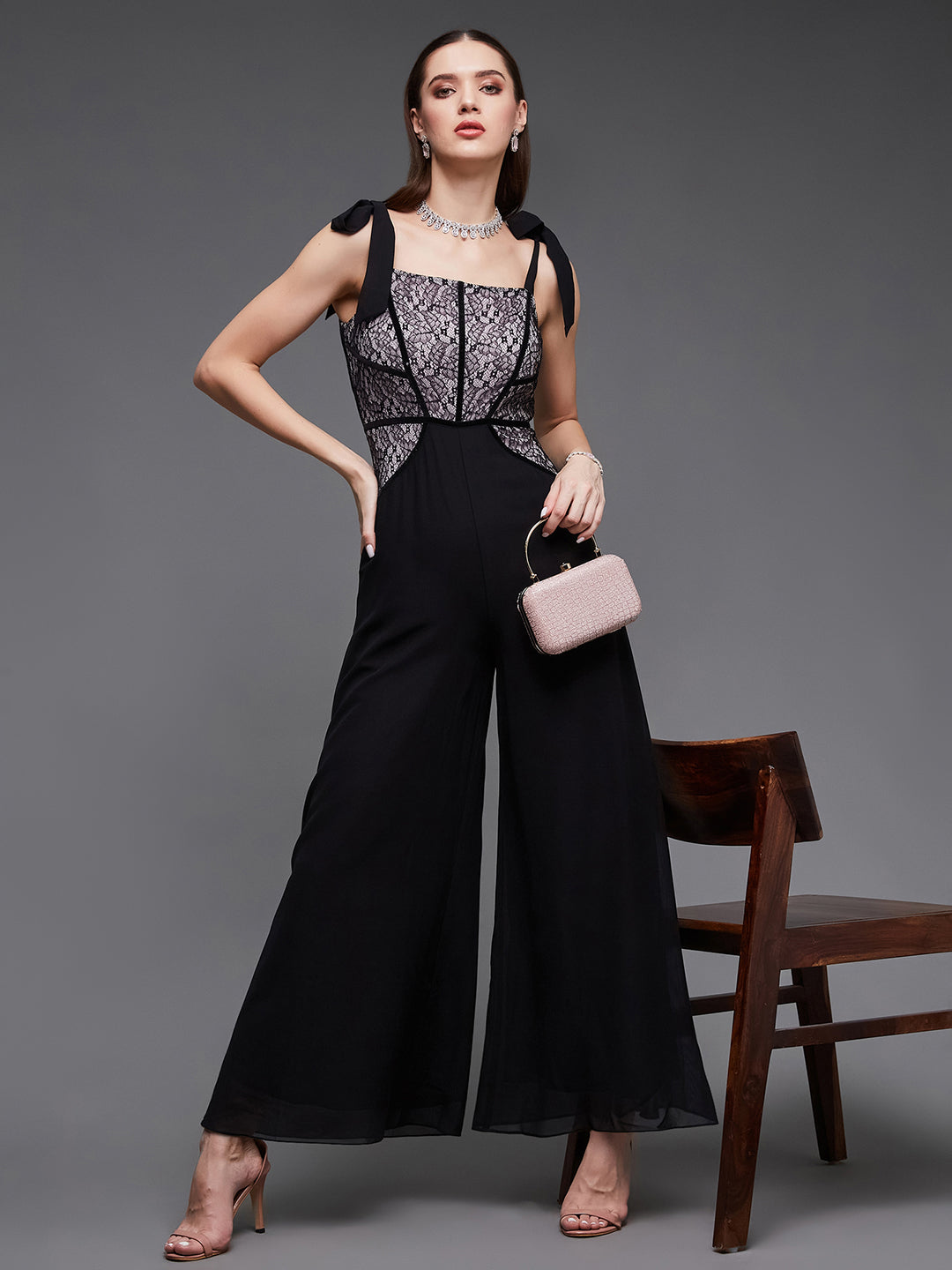 Women's Black & Dusty Pink Square Neck Sleeveless Self Design Lace Overlaid Regular Jumpsuit