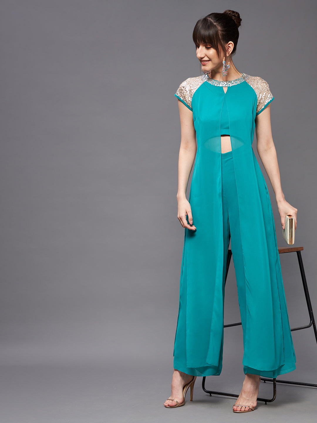 Women's Turquoise Round Neck Raglan Sleeve Sequined Layered Party Jumpsuit