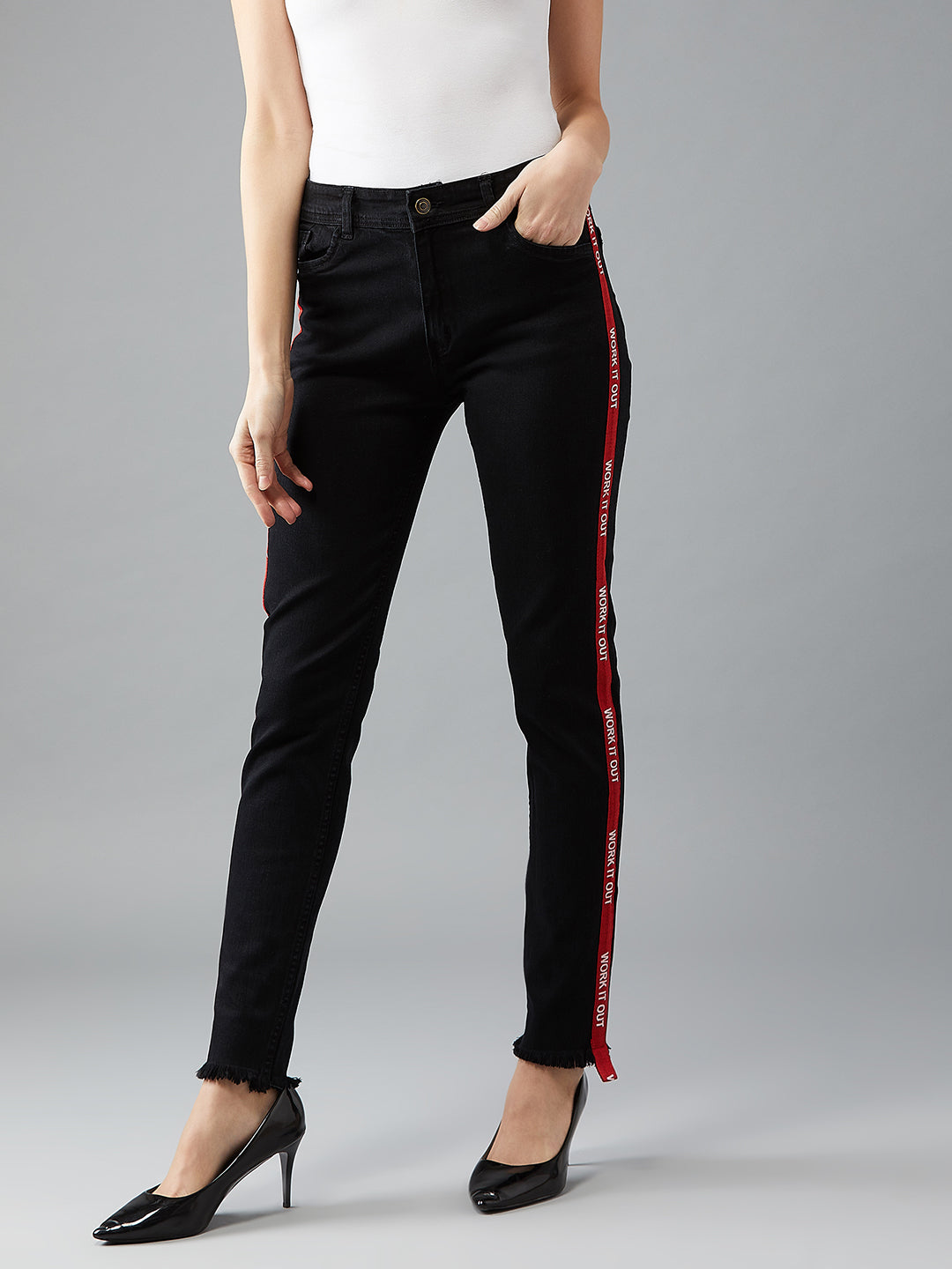 Black Slim-Fit High-Rise Mildly Distress Printed Twill Tape Detailing Stretchable Denim Jeans for Women — Dolce Crudo