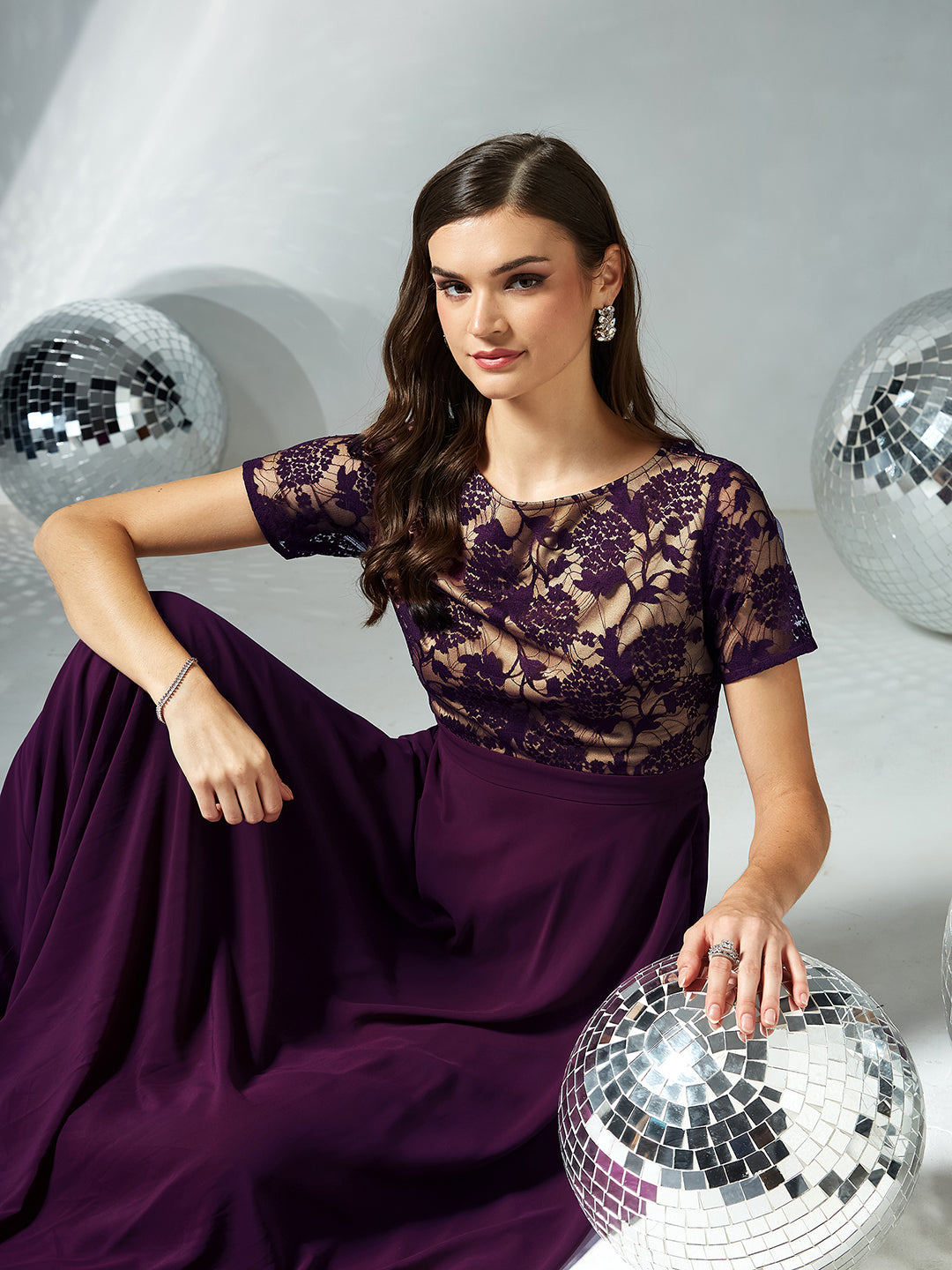 Women's Dark Purple Round Neck Half Sleeve Self Design Fit & Flare Georgette Maxi Dress