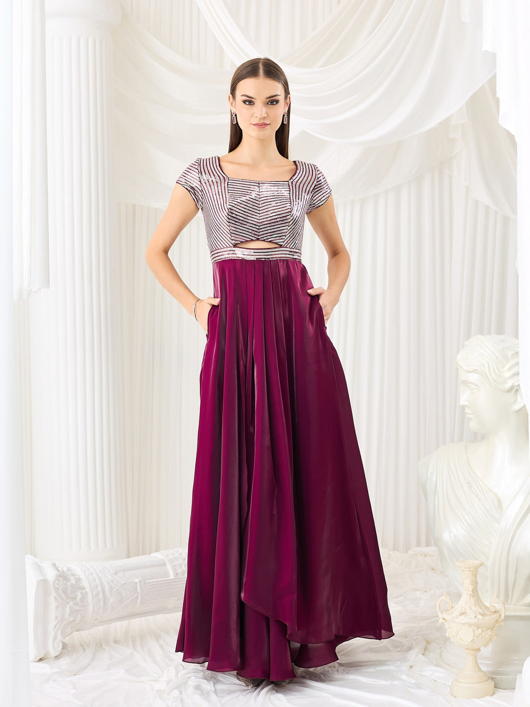 Embellished Dark Purple Gown in Luxe Pleated Satin with Sweetheart Neck for Women