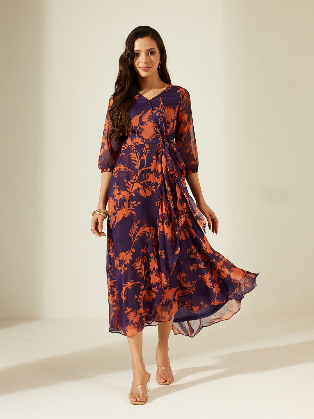 Purple V-Neck Three-Quarter Sleeve Floral Wrap Chiffon Midi Dress for Women