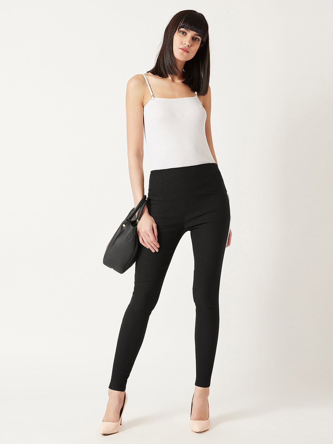 Women's Black Solid High Waist Skinny Regular Length Black and White Twill Tape Detailing Jeggings