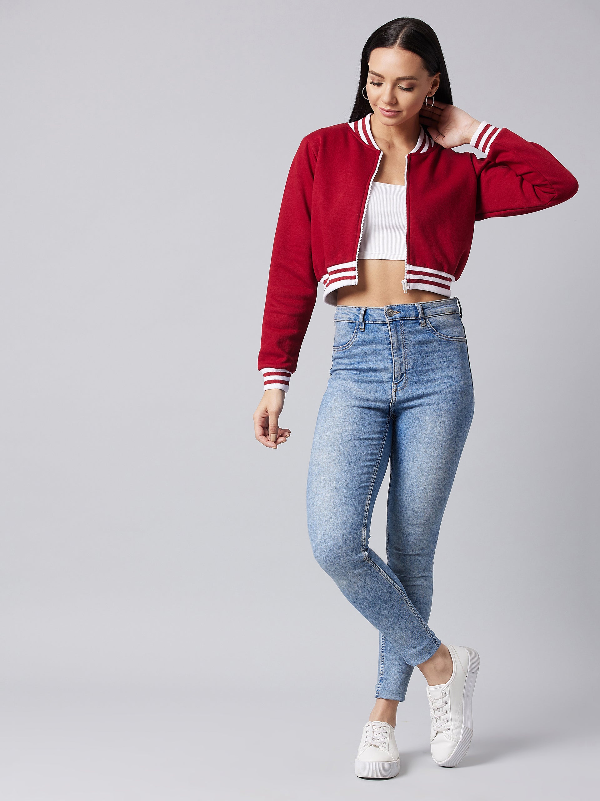 Women's Maroon V-Neck Full Sleeve Solid Bomber Crop Jacket